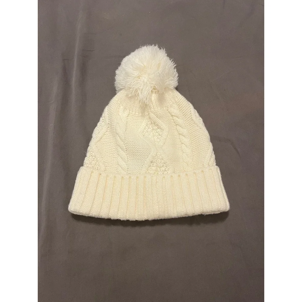 Gap Kids Cream Cable Knit Pom Pom Beanie Hat Off White Acrylic 52-54cm